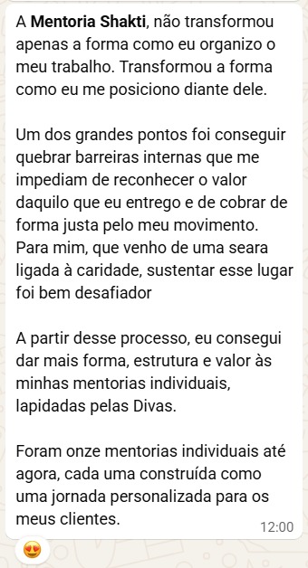 Depoimento Mentoria Shakti — posicionamento e valor